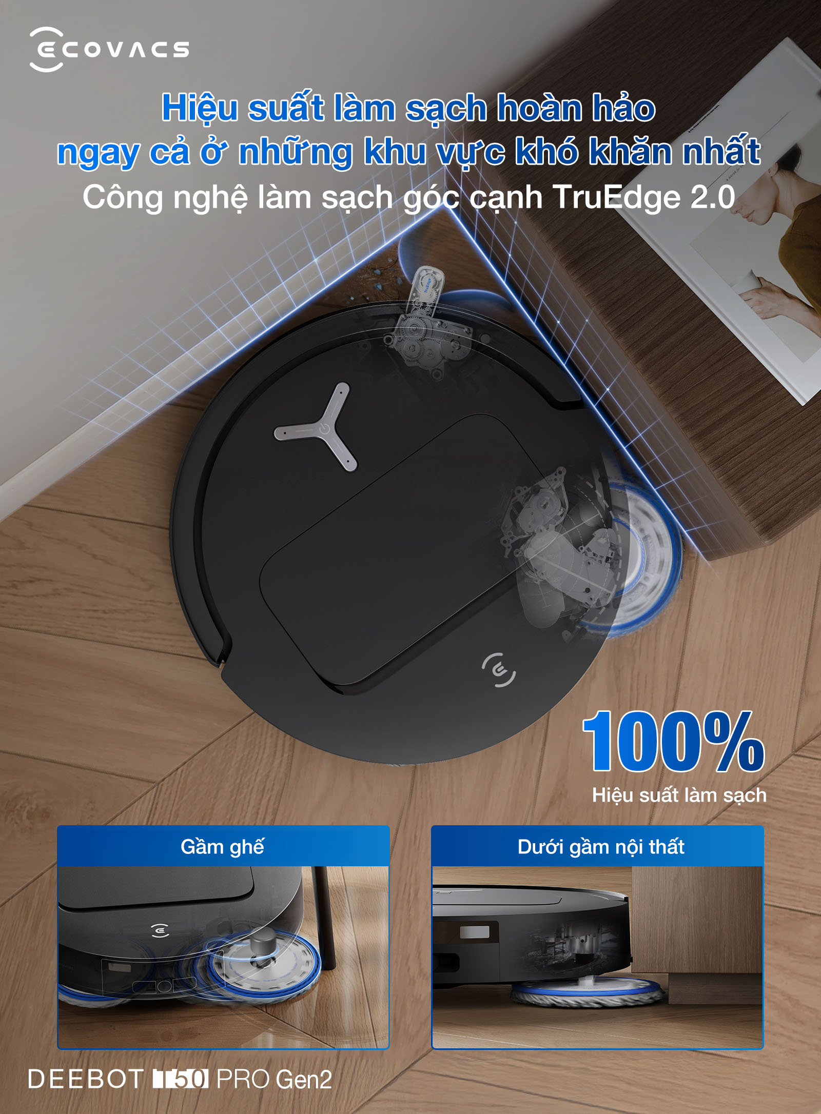 Ecovacs DEEBOT T50 PRO OMNI Gen 2 thiết kế mỏng 81mm sang trọng