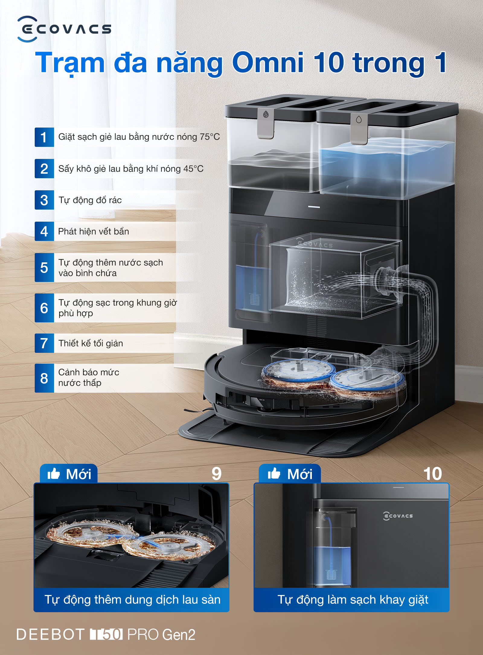 Ecovacs T50 PRO OMNI Gen 2 tự động giặt giẻ sấy khô tại Trạm Omni