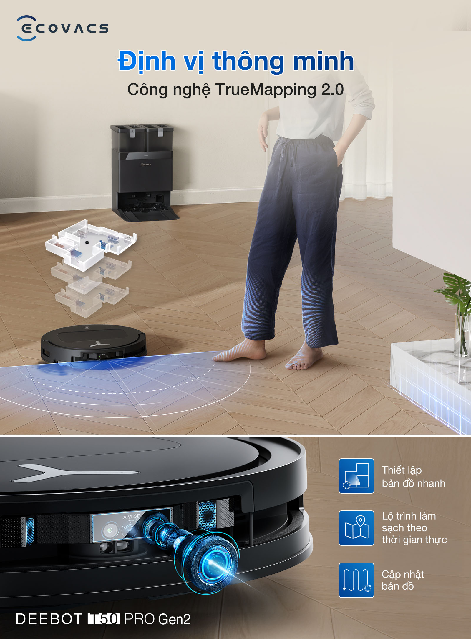 Robot hút bụi Ecovacs T50 PRO OMNI Gen 2 lập bản đồ TrueMapping 2.0
