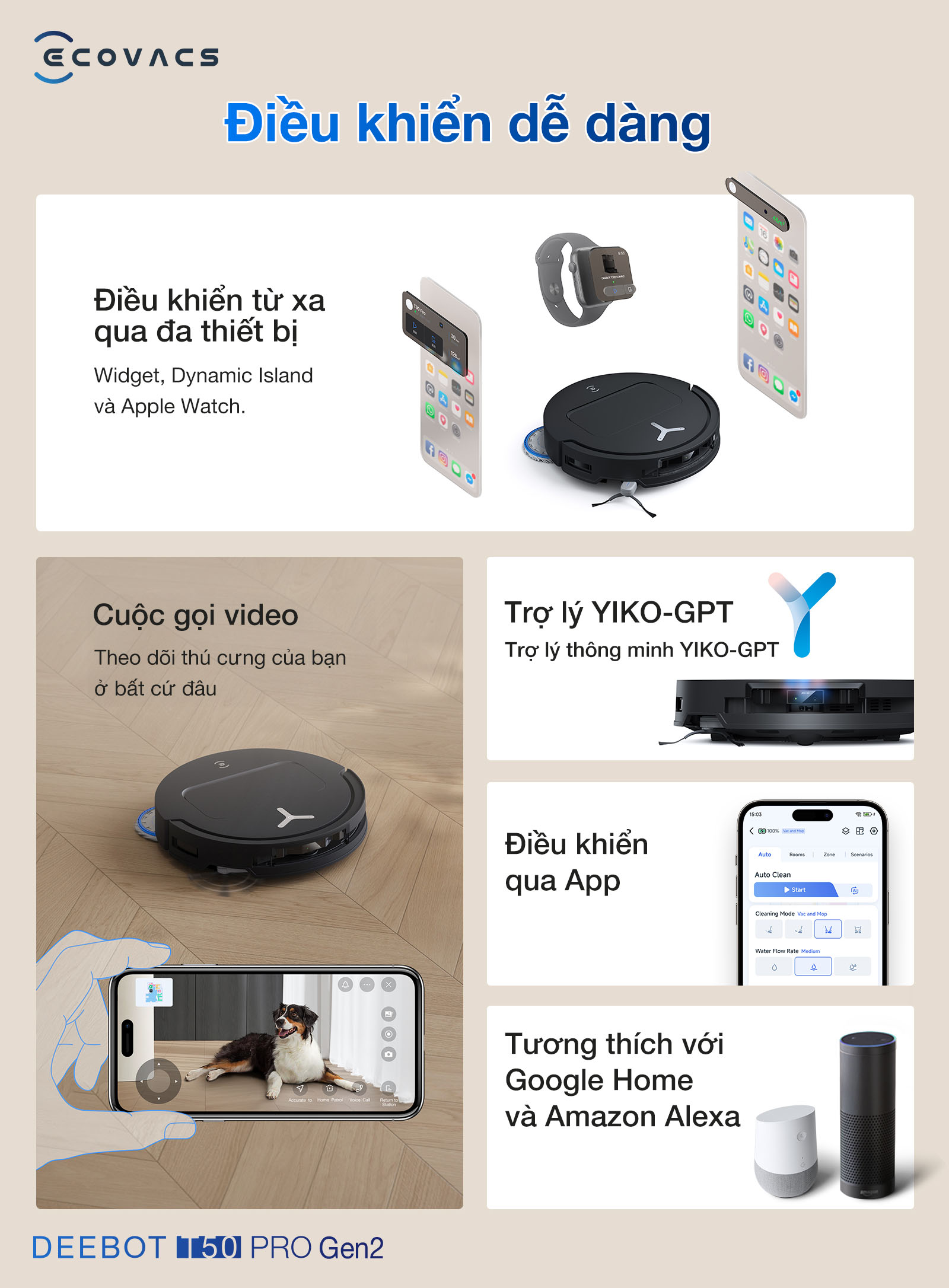 DEEBOT T50 PRO OMNI Gen 2 điều khiển app ECOVACS HOME và giọng nói YIKO-GPT