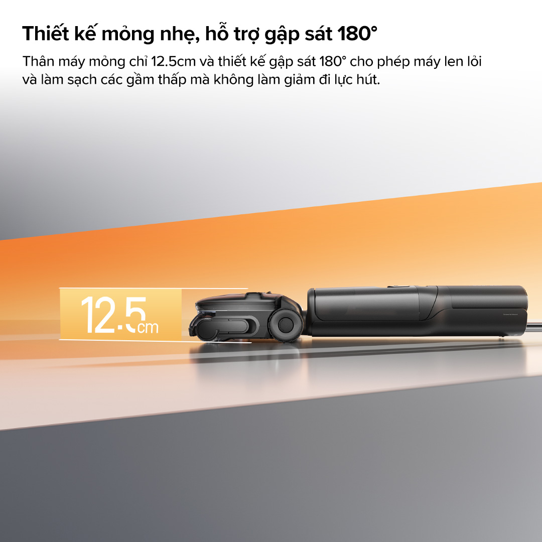 Roborock F25 Ultra thiết kế gập phẳng FlatReach 180 độ chui gầm sofa