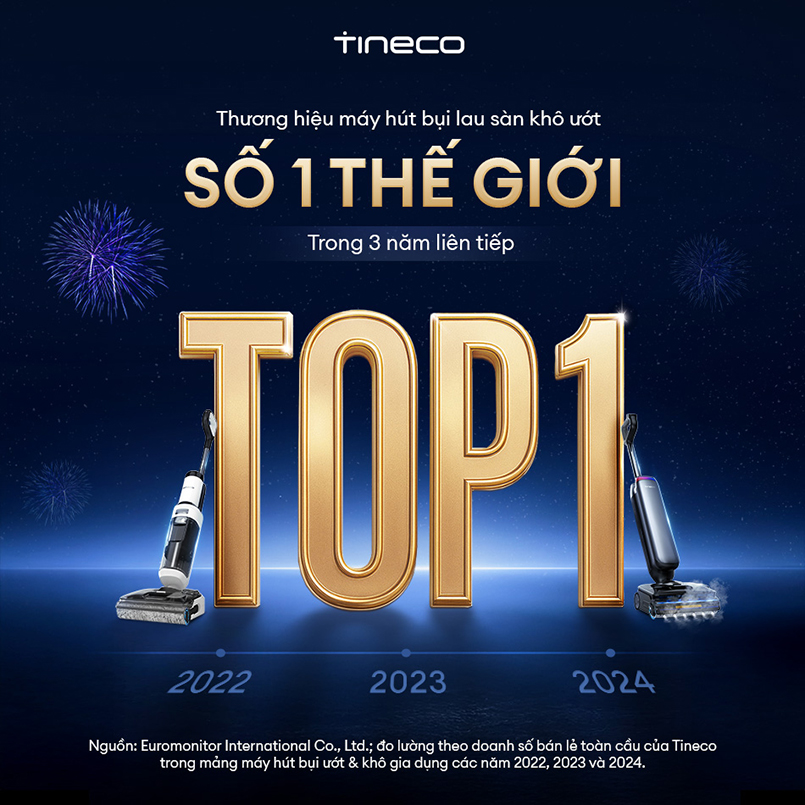 Tineco - Tự hào là thương hiệu máy hút bụi lau nhà khô ướt số 1 thế giới trong 3 năm liên tiếp.