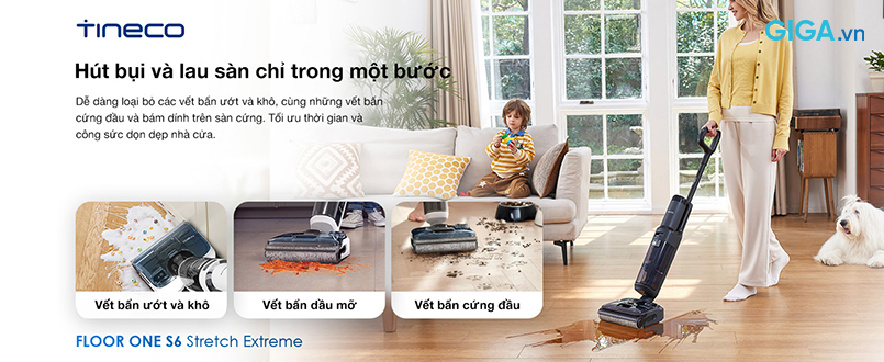 Tineco FLOOR ONE S6 Stretch Extreme hút bụi và lau nhà đa năng trên một thiết bị.