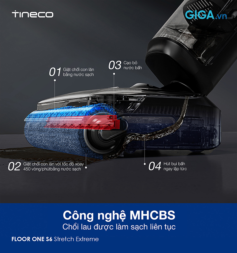 Tineco đã nâng tầm hiệu quả làm sạch trên FLOOR ONE S6 Stretch Extreme với công nghệ MHCBS cải tiến.