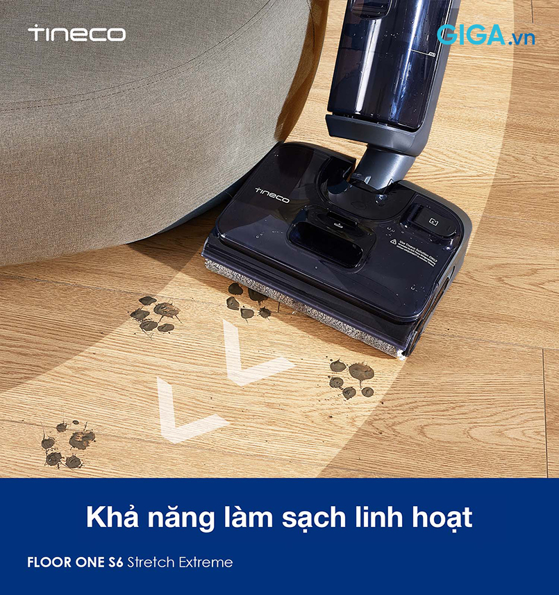 Máy lau sàn Tineco S6 Stretch Extreme với thiết kế xoay 45 độ cho khả năng làm sạch linh hoạt.