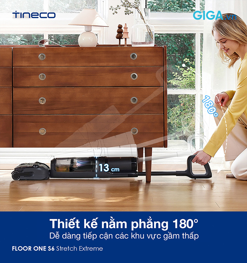 Tineco FLOOR ONE S6 Stretch Extreme được trang bị công nghệ Tineco HyperStretch độc quyền, nằm phẳng 180 độ.