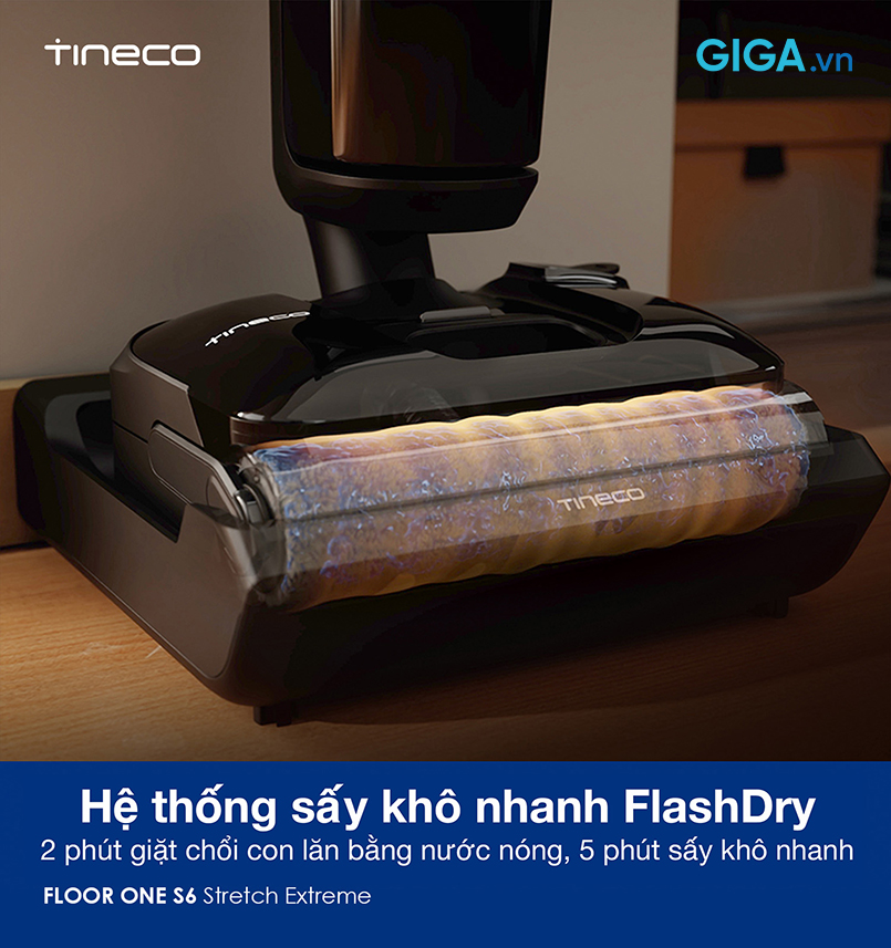 Tineco FLOOR ONE S6 Stretch Extreme tích hợp hệ thống tự động làm sạch FlashDry tiên tiến.