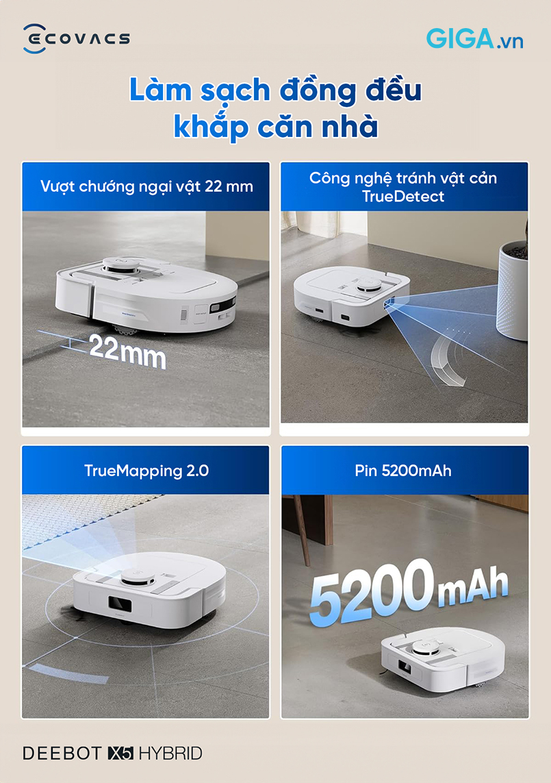Robot hút bụi Ecovacs Deebot X5 Hybrid điều hướng và vượt chướng ngại vật thông minh, trơn tru trên mọi địa hình.