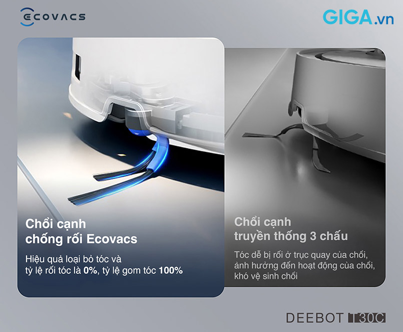 Chổi cạnh ARClean của Deebot T30C tỷ lệ rối tóc là 0%, tỷ lệ gom tóc 100%.