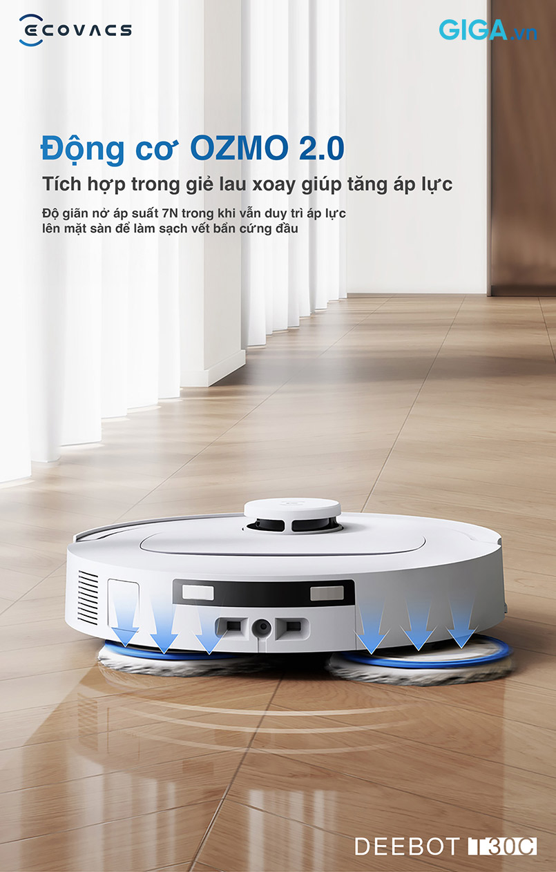 Công nghệ lau xoay OZMO™Turbo 2.0 giúp T30C làm sạch hiệu suất cao, sàn nhà sạch không tì vết.