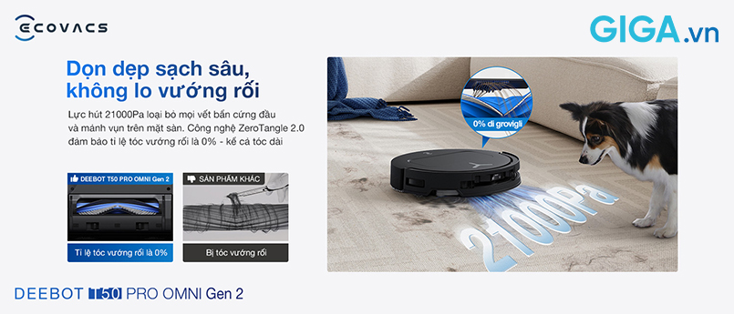 Robot hút bụi lau nhà Ecovacs DEEBOT T50 PRO OMNI Gen 2 có lực hút 21.000Pa siêu mạnh 