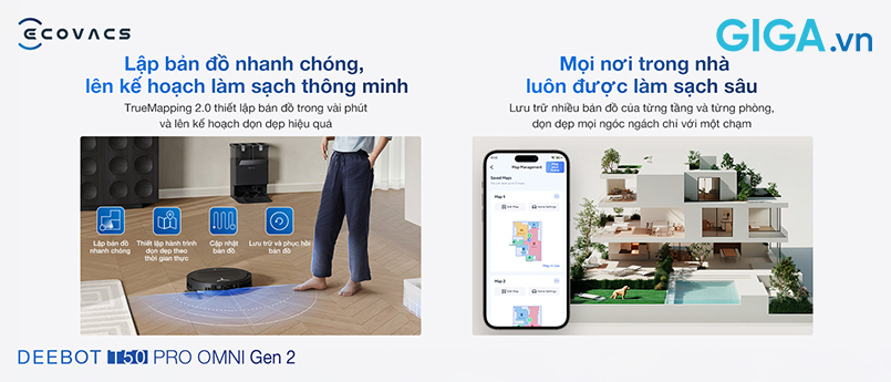 Ecovacs DEEBOT T50 PRO Gen2 được trang bị TrueMapping 2.0, công nghệ lập bản đồ tiên tiến
