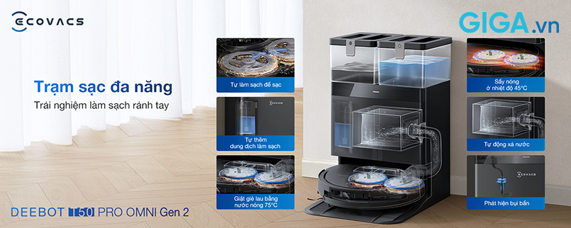 Trạm OMNI đa năng trên DEEBOT T50 PRO OMNI Gen 2 tạo nên trải nghiệm dọn dẹp gần như rảnh tay. 