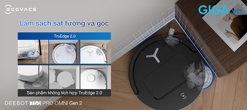 Ecovacs T50 PRO OMNI Gen 2 làm sạch cạnh thông minh TruEdge 2.0 với chổi mở rộng