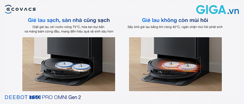 Ecovacs DEEBOT T50 PRO OMNI Gen 2 giặt giẻ lau với nước nóng 70°C, sấy khô giẻ bằng khí nóng 45°C