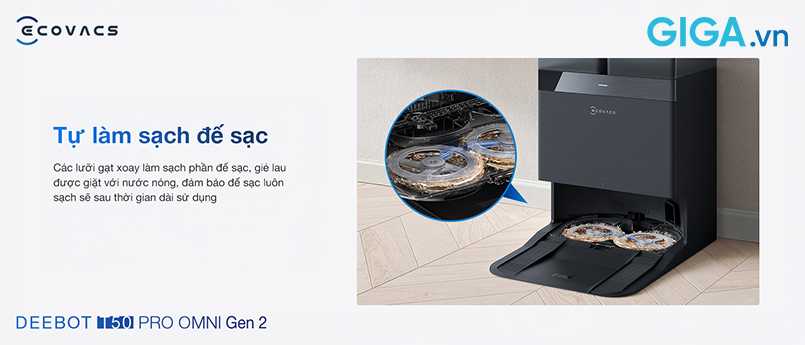 Ecovacs DEEBOT T50 PRO OMNI Gen 2 giặt giẻ lau với nước nóng 70°C, sấy khô giẻ bằng khí nóng 45°C