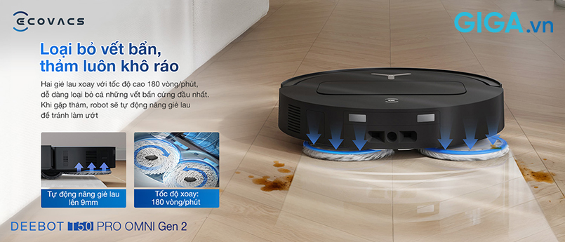 DEEBOT T50 PRO OMNI Gen 2 xử lý hiệu quả các vết bẩn bám chặt trên bề mặt sàn.