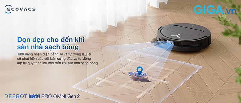 DEEBOT T50 PRO OMNI Gen 2 xử lý hiệu quả các vết bẩn bám chặt trên bề mặt sàn.