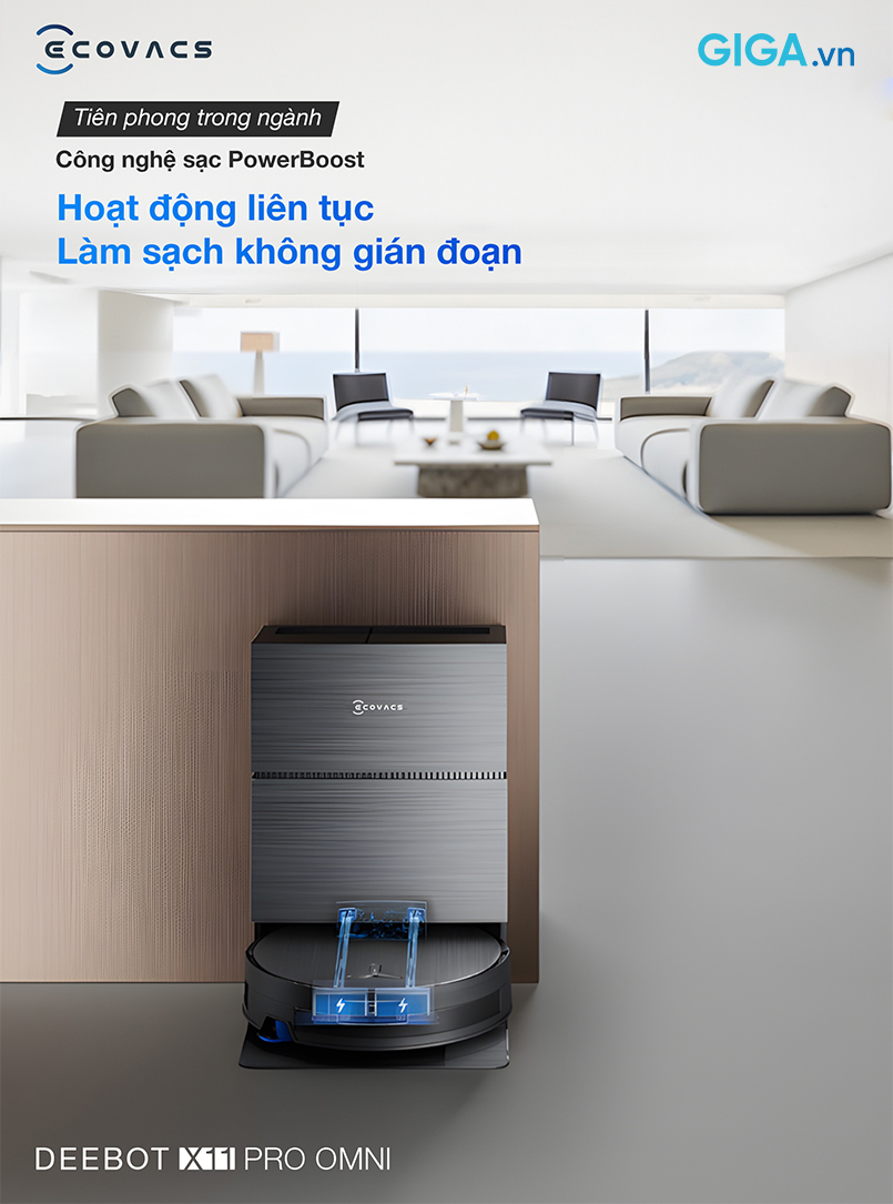 Robot hút bụi lau nhà DEEBOT X11 Pro Omni tiên phong với công nghệ PowerBoost vận hành liên tục, không gián đoạn.