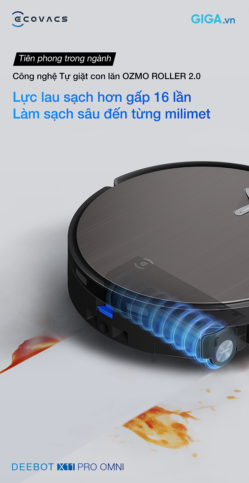 OZMO ROLLER 2.0 trên DEEBOT X11 Pro Omni làm sạch mọi ngóc ngách, mượt mà không tốn sức.