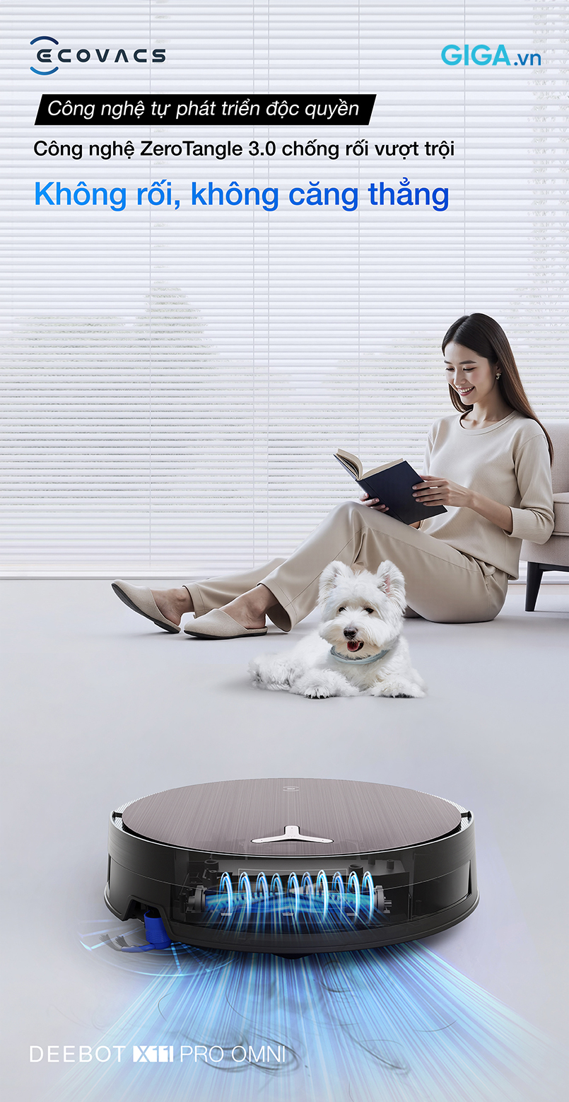 ZeroTangle 3.0 trên robot lau nhà DEEBOT X11 Pro Omni chống rối tóc hoàn hảo trên, giảm thiểu công việc bảo trì. 