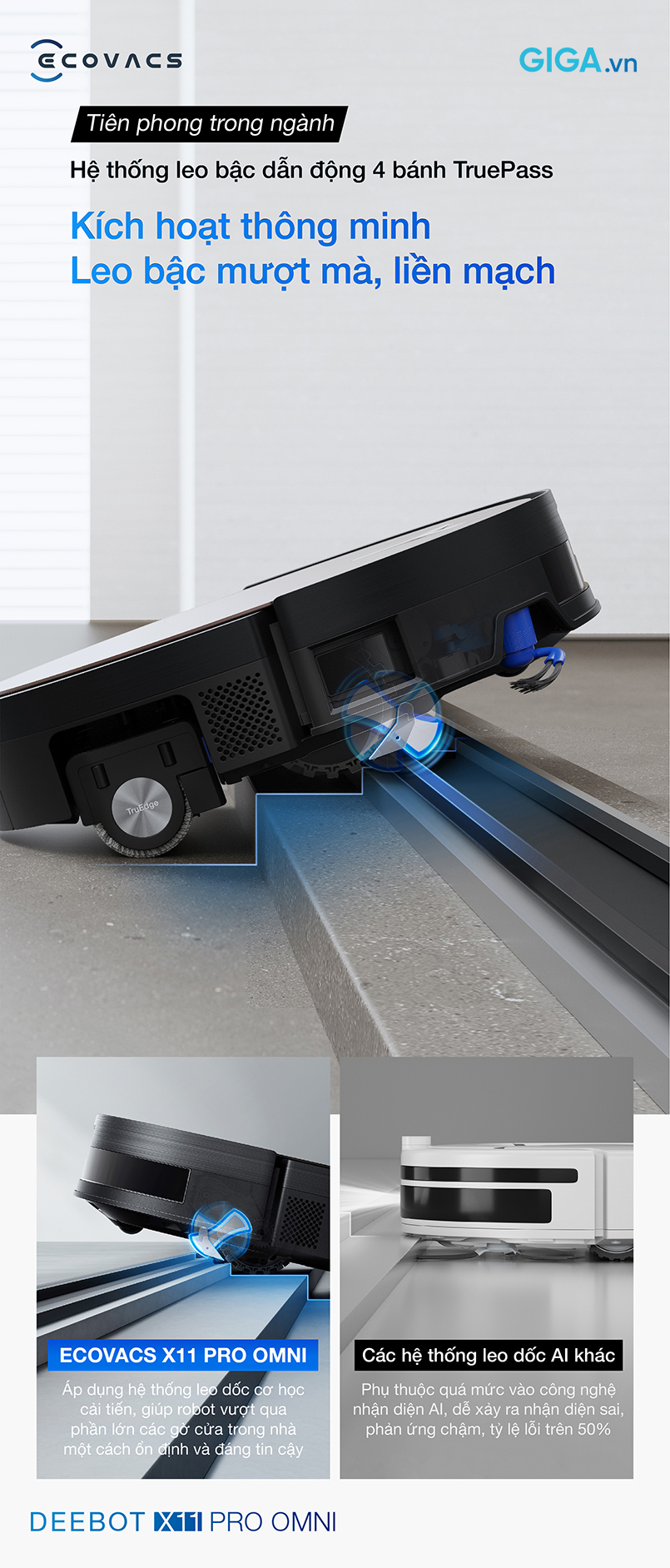 robot X11 Pro Omni có hệ thống TruePass Adaptive với 4 Bánh Xe Leo Dốc Chủ Động