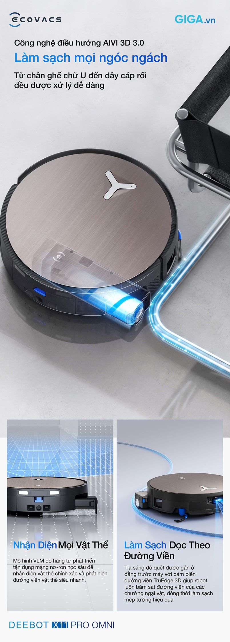 robot hút bụi thông minh Ecovacs DEEBOT X11 Pro Omni sử dụng AIVI 3D 3.0, công nghệ AI nhận diện vật thể thông minh.