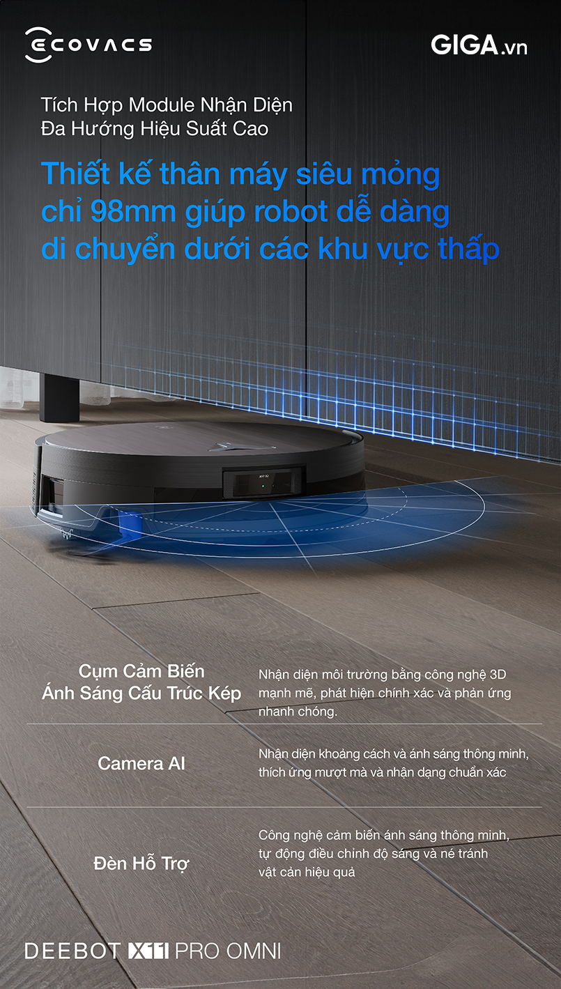 robot hút bụi thông minh Ecovacs DEEBOT X11 Pro Omni sử dụng AIVI 3D 3.0, công nghệ AI nhận diện vật thể thông minh