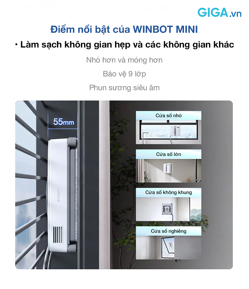Robot lau kính Ecovacs Winbot Mini có thiết kế nhỏ gọn, hoàn hảo cho các khu vực khó tiếp cận.