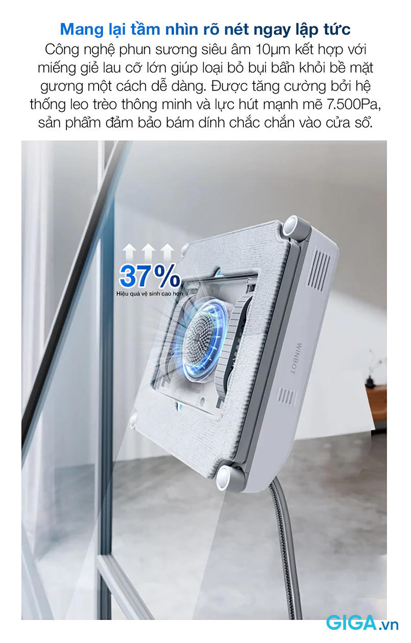 Công nghệ phun sương siêu âm của Winbot Mini làm sạch kính nhẹ nhàng khỏi trầy xướt, nhưng vẫn sáng bóng.