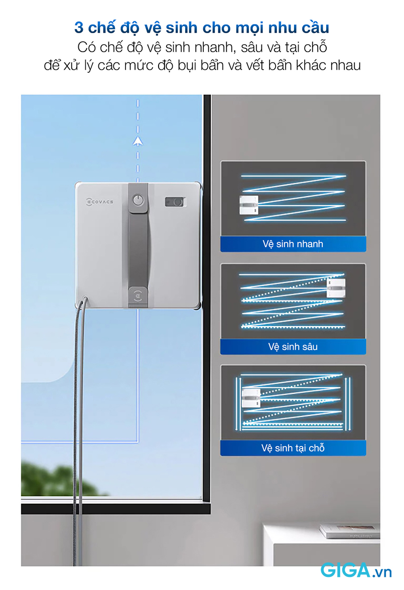 Robot lau kính Ecovacs Winbot Mini cho phép người dùng thoải mái lựa chọn chế độ làm sạch tùy nhu cầu.